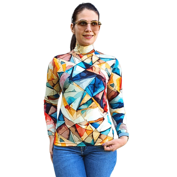 Вталено полу поло с дълъг ръкав, десен ЦВЕТНА ГЕОМЕТРИЯ - код 8237