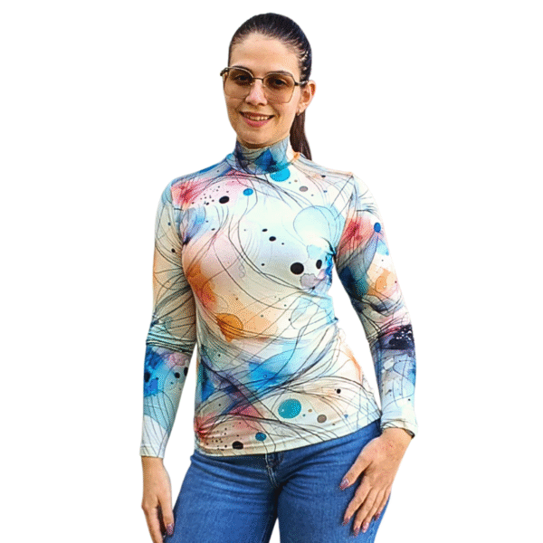 Вталено полу поло с дълъг ръкав, десен АКВАРЕЛ - код 8236