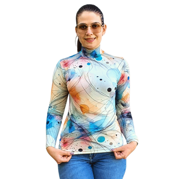 Вталено полу поло с дълъг ръкав, десен АКВАРЕЛ - код 8236