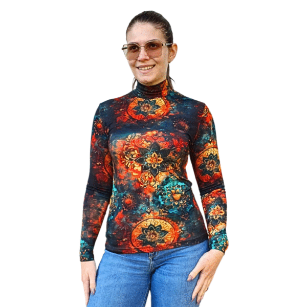 Вталено полу поло с дълъг ръкав, десен ЕСЕННА МАНДАЛА - код 8241