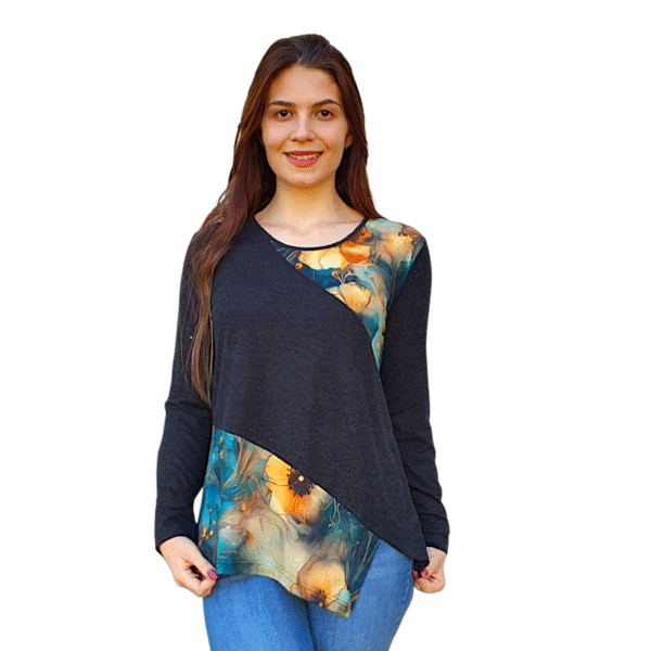 Асиметрична блуза модел ЛИЛИ ангора десен ЦВЕТОВЕ КЕХЛИБАР, код - 8291