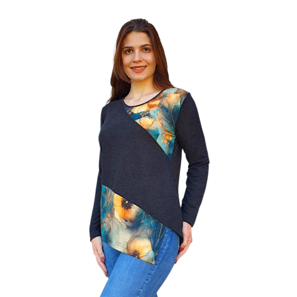 Асиметрична блуза модел ЛИЛИ ангора десен ЦВЕТОВЕ КЕХЛИБАР, код - 8291